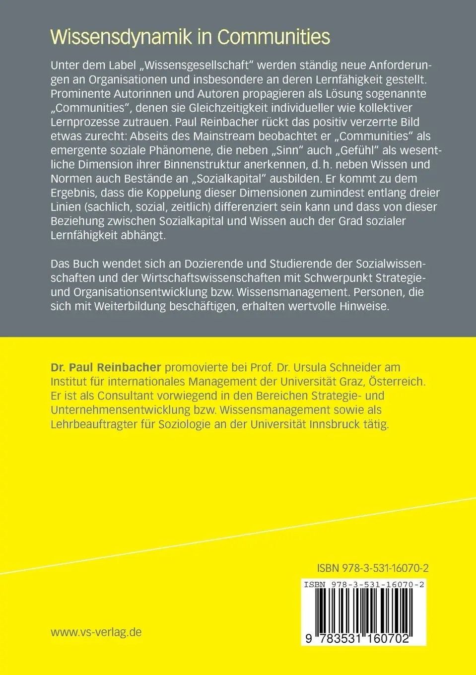 Rückseite: 9783531160702 | Wissensdynamik in Communities | Paul Reinbacher | Taschenbuch | v