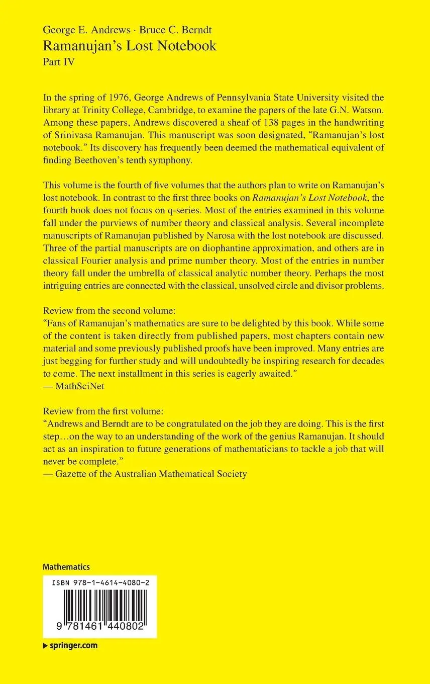 Rückseite: 9781461440802 | Ramanujan's Lost Notebook | Part IV | Bruce C. Berndt (u. a.) | Buch
