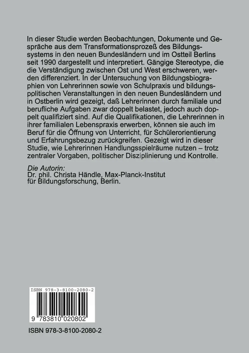 Rückseite: 9783810020802 | Lehrerinnen in System und Lebenswelt | Christa Händle | Taschenbuch