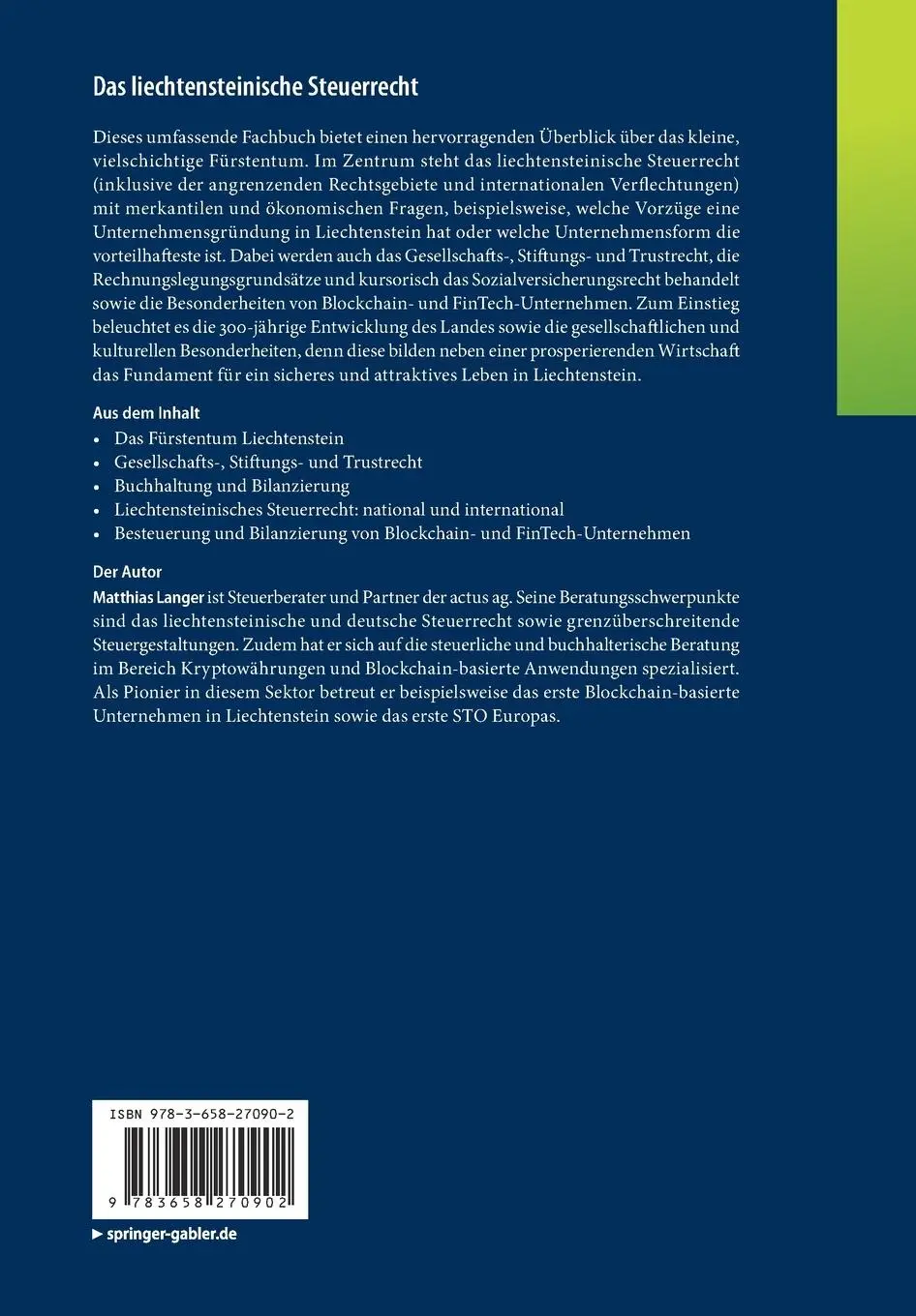 Rückseite: 9783658270902 | Das liechtensteinische Steuerrecht | Matthias Langer | Taschenbuch