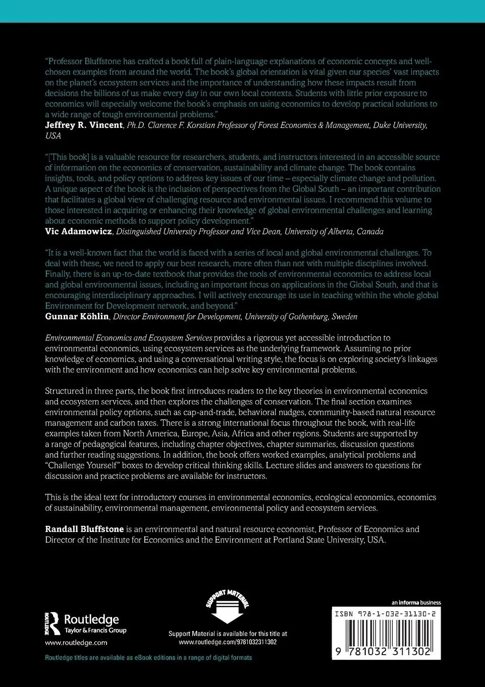 Rückseite: 9781032311302 | Environmental Economics and Ecosystem Services | Randall Bluffstone