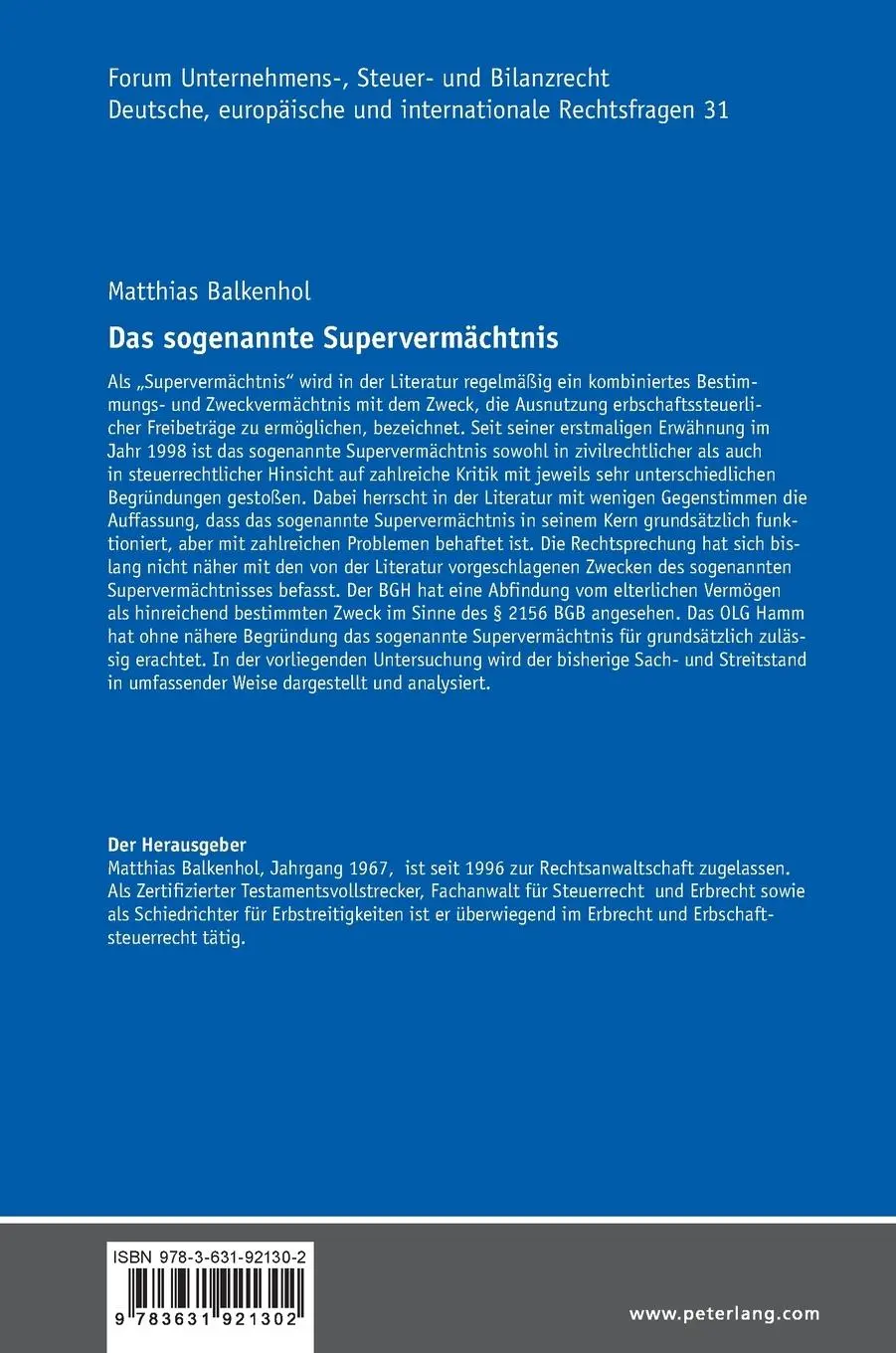 Rückseite: 9783631921302 | Das sogenannte Supervermächtnis | Zivil- und steuerrechtliche Probleme