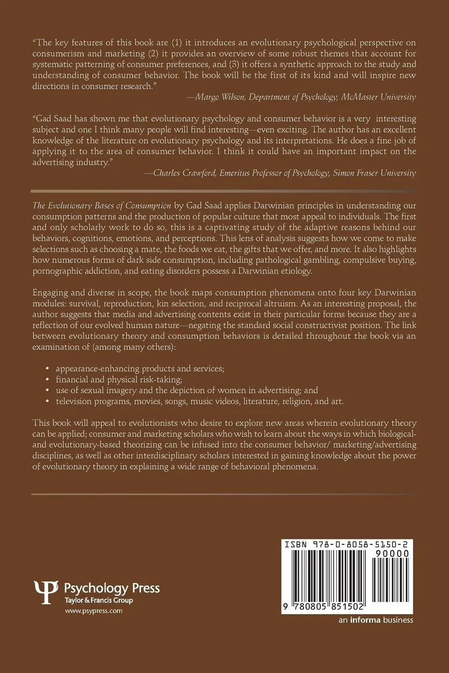 Rückseite: 9780805851502 | The Evolutionary Bases of Consumption | Gad Saad | Taschenbuch | 2007