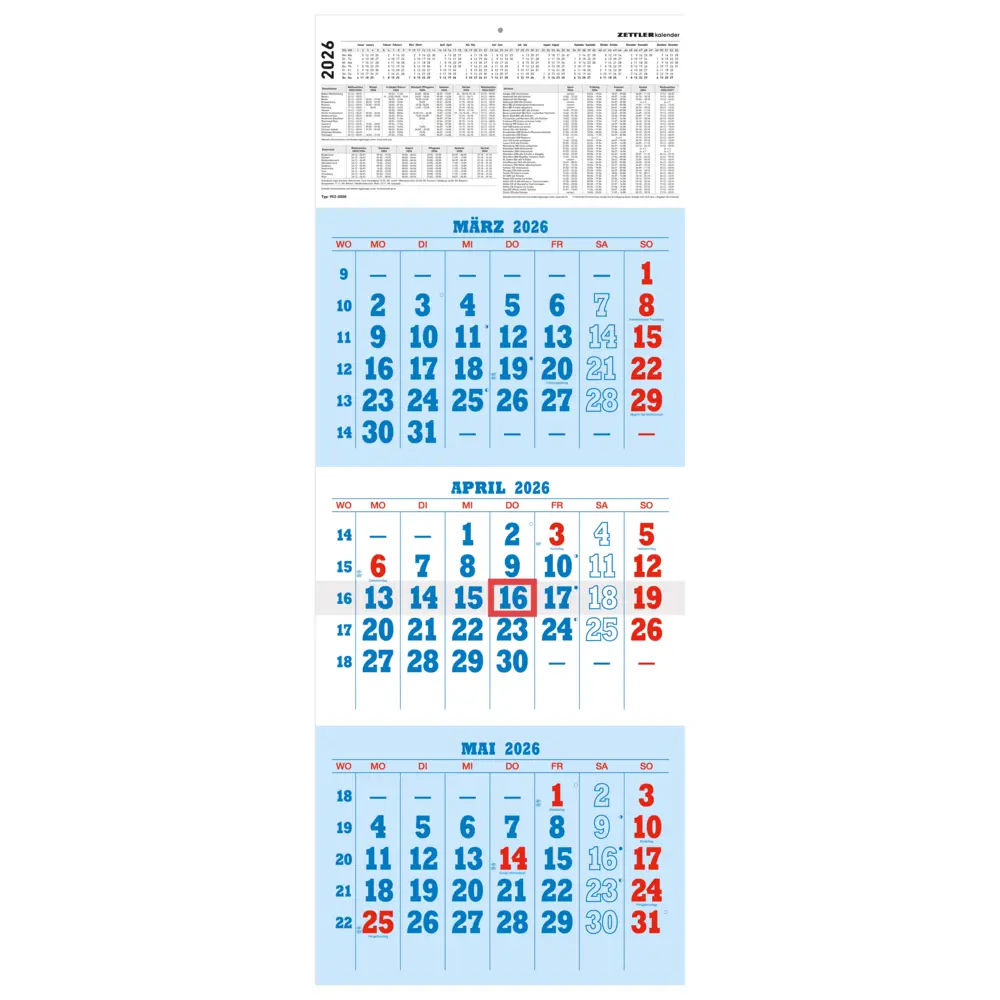 Cover: 4069095001602 | 3-Monatskalender blau/rot 2026 - 29,7x78 - mit Kopftafel - gefaltet...