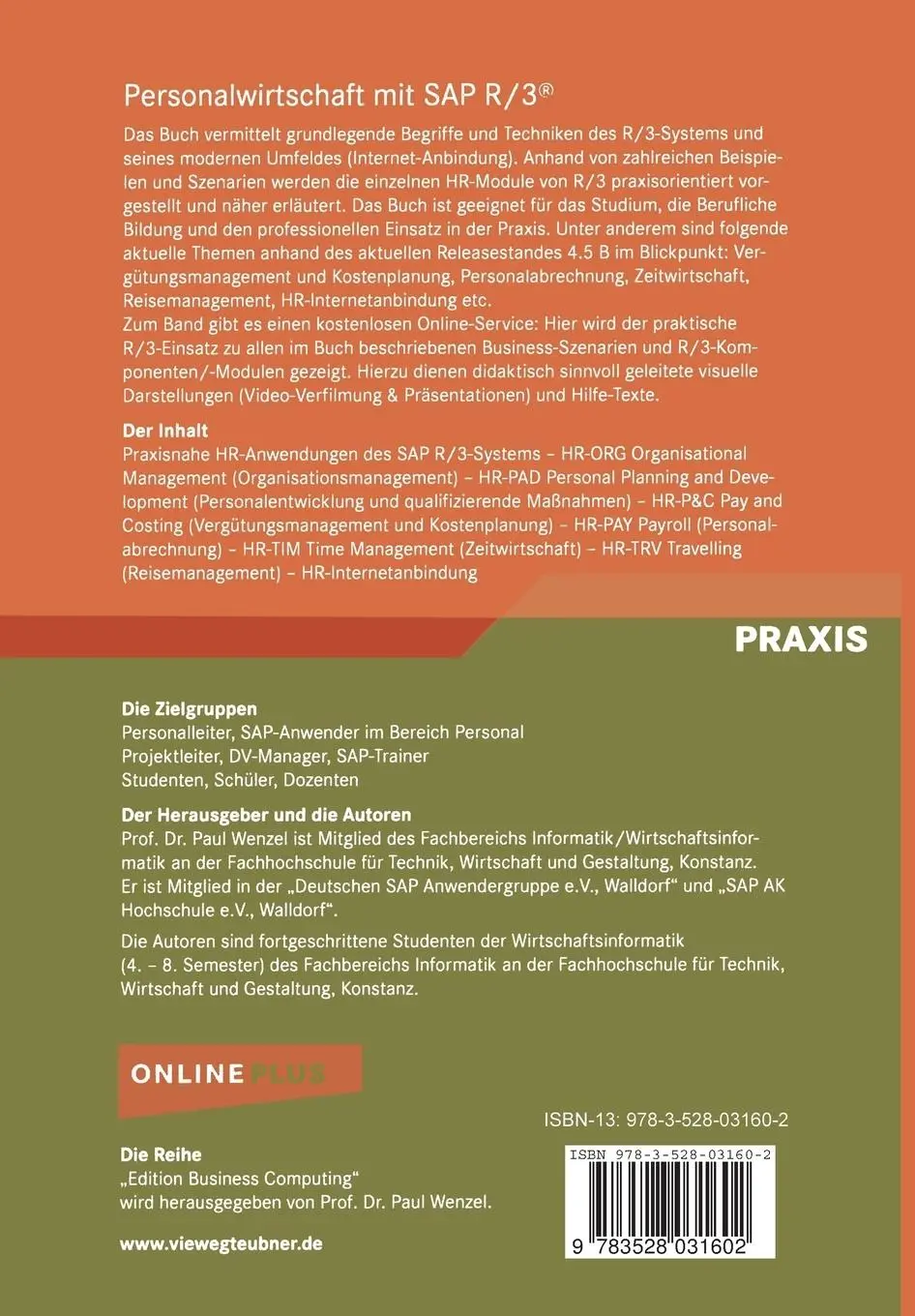 Rückseite: 9783528031602 | Personalwirtschaft mit SAP R/3® | Paul Wenzel | Taschenbuch | xvi