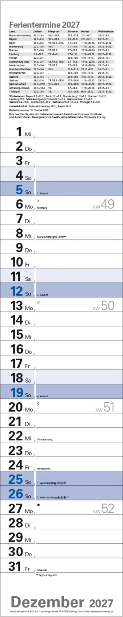 Bild: 9783819301902 | Planer Blau 2027 | Verlag Korsch | Kalender | Spiralbindung | 13 S.