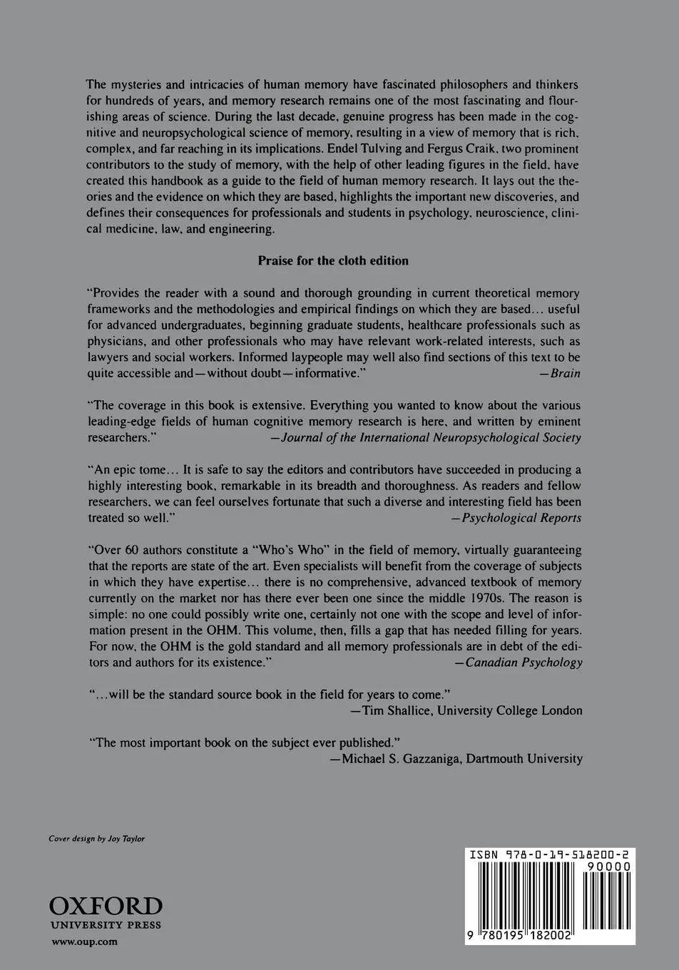Rückseite: 9780195182002 | The Oxford Handbook of Memory | Endel Tulving (u. a.) | Taschenbuch