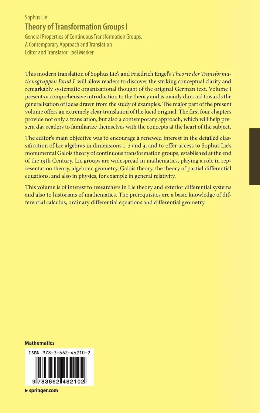 Rückseite: 9783662462102 | Theory of Transformation Groups I | Sophus Lie | Buch | xv | Englisch