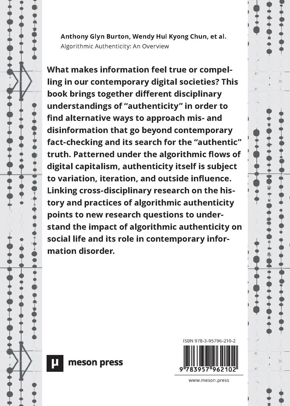Rückseite: 9783957962102 | Algorithmic Authenticity | An Overview | Anthony Glyn Burton (u. a.)