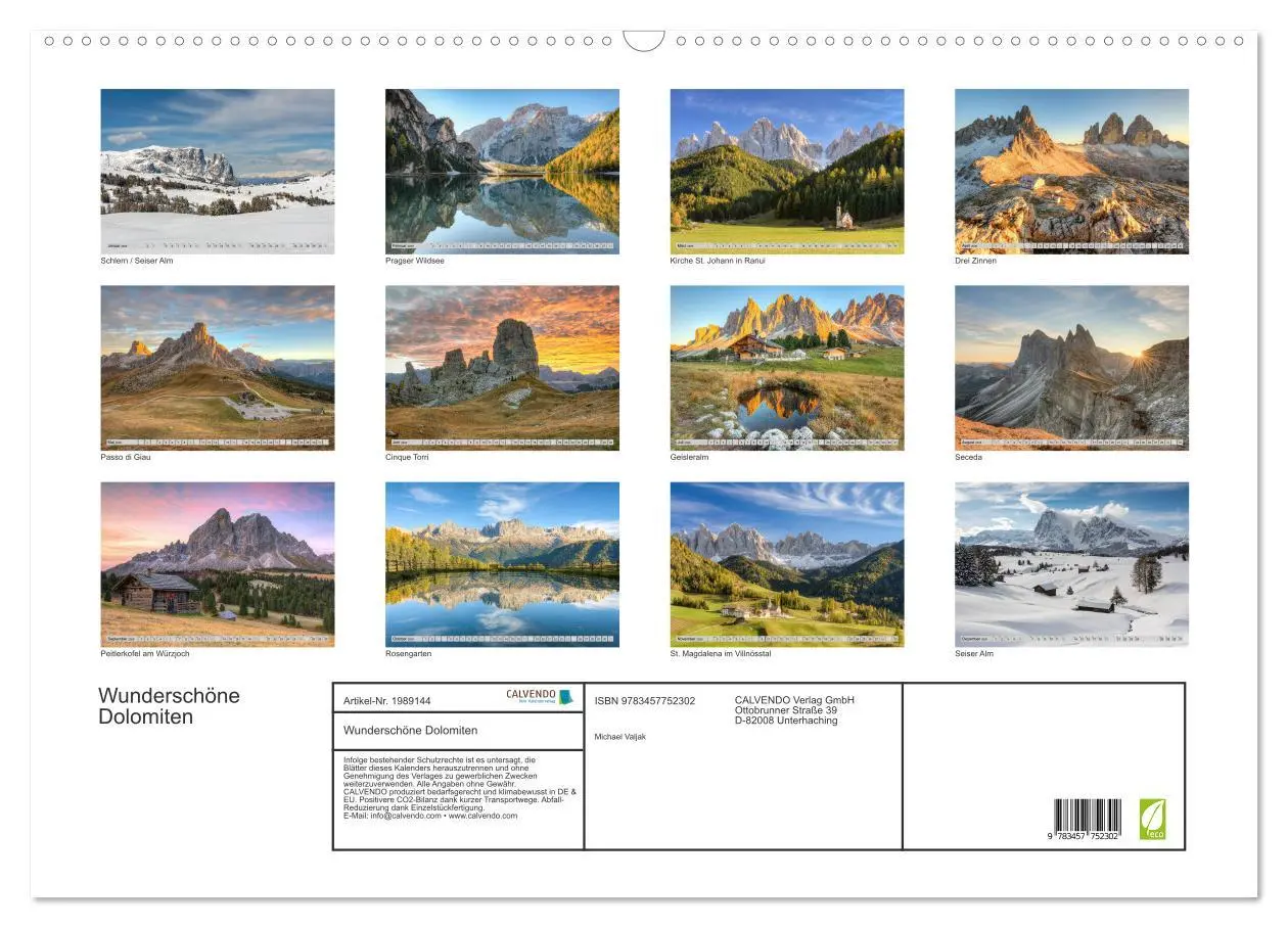 Bild: 9783457752302 | Wunderschöne Dolomiten (Wandkalender 2026 DIN A2 quer), CALVENDO...