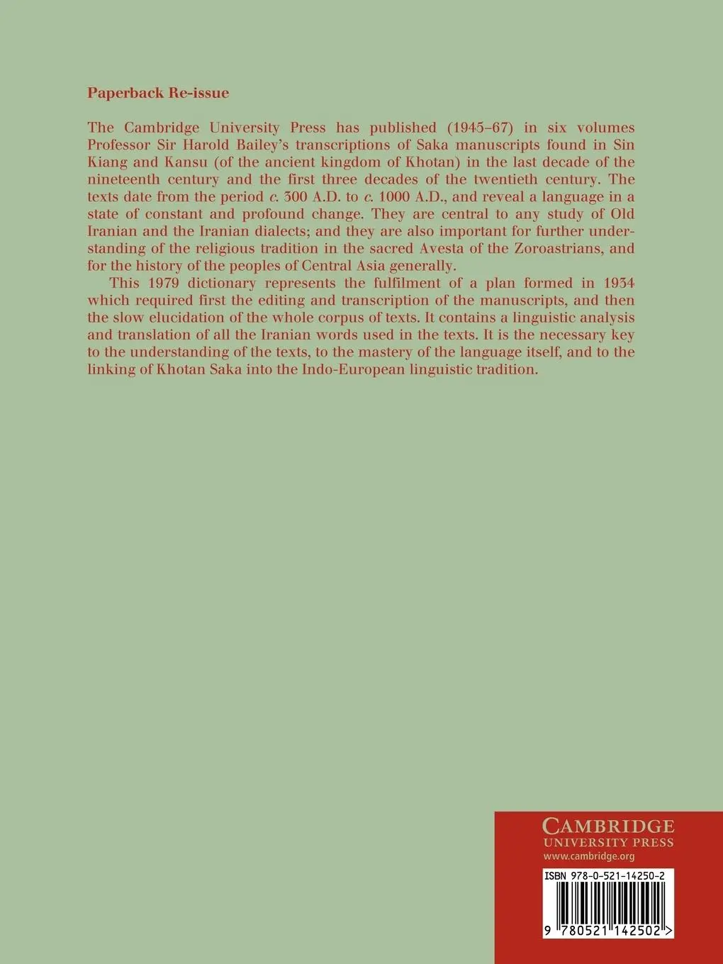 Rückseite: 9780521142502 | Dictionary of Khotan Saka | Harold Walter Bailey | Taschenbuch | 2010
