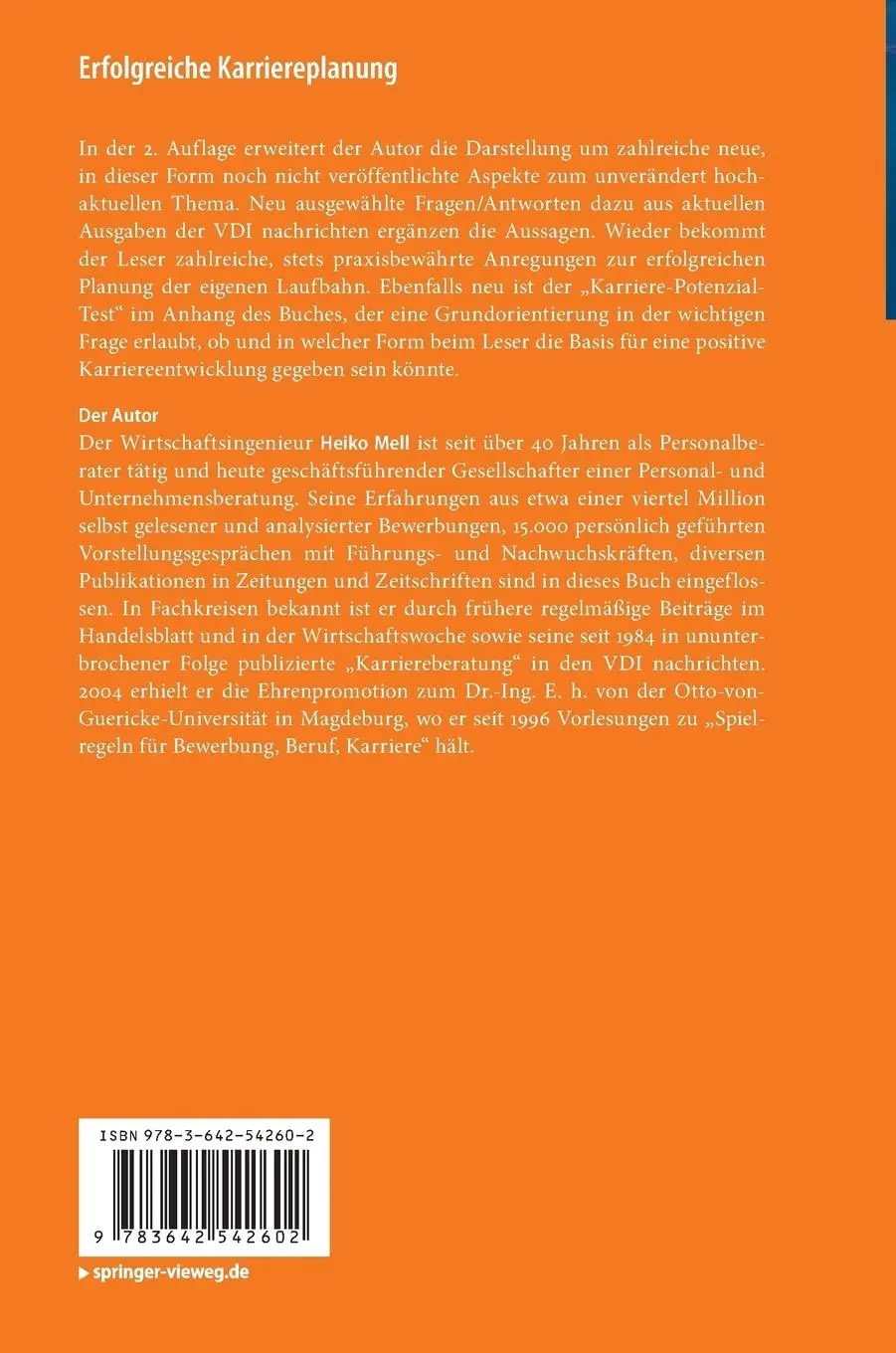 Rückseite: 9783642542602 | Erfolgreiche Karriereplanung | Heiko Mell | Buch | vii | Deutsch