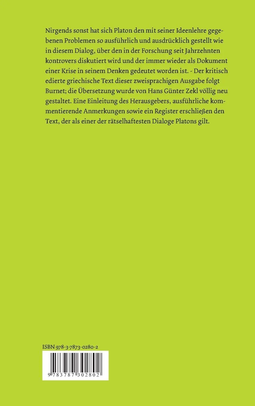 Rückseite: 9783787302802 | Parmenides | Griechisch - Deutsch | Platon | Buch | 238 S. | Deutsch