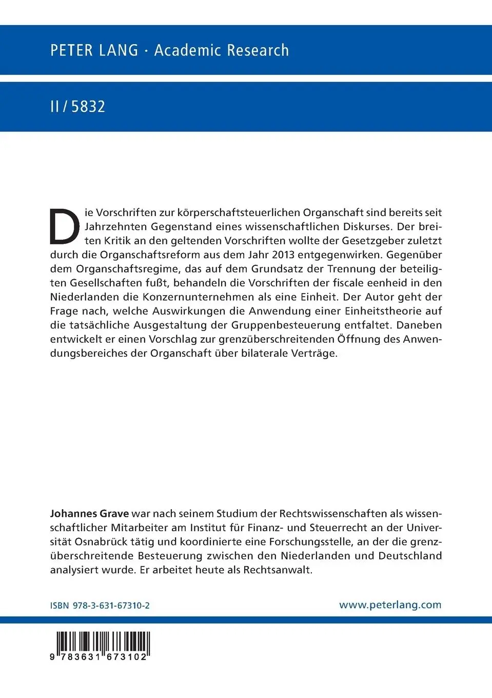 Rückseite: 9783631673102 | Fiscale eenheid und Organschaft | Johannes Grave | Taschenbuch | 2016