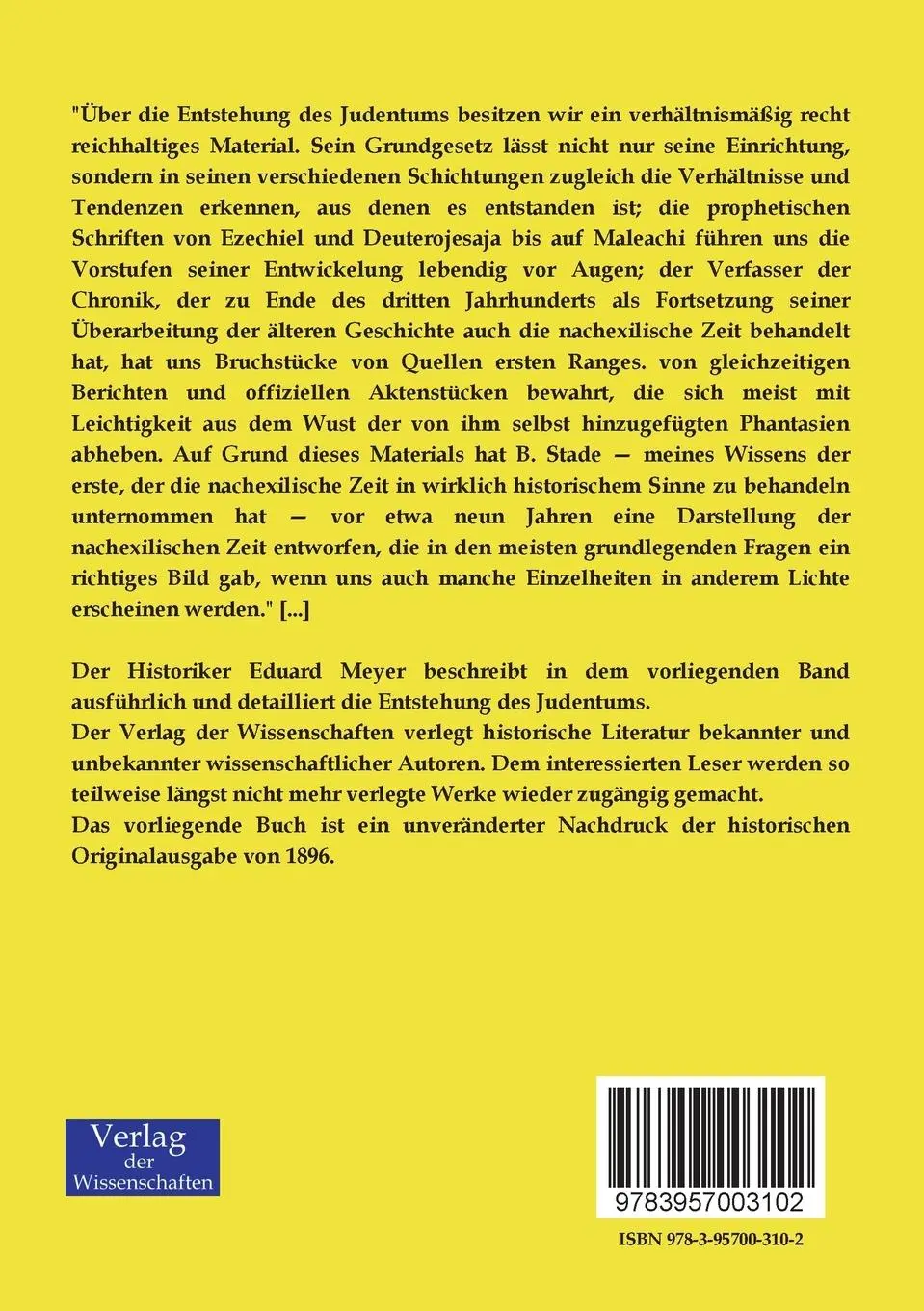 Rückseite: 9783957003102 | Die Entstehung des Judentums | Eine historische Untersuchung | Meyer