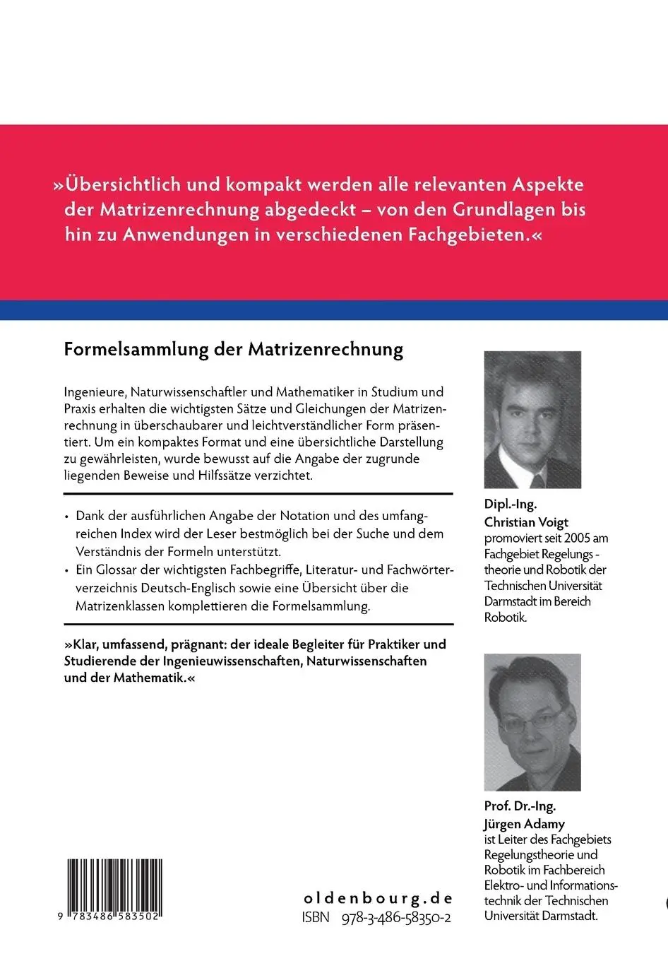 Rückseite: 9783486583502 | Formelsammlung der Matrizenrechnung | Jürgen Adamy (u. a.) | Buch