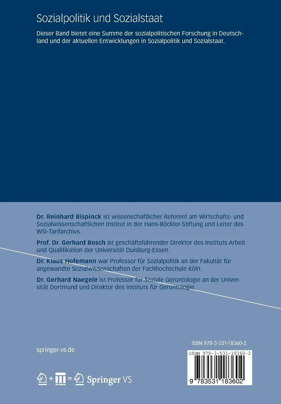 Rückseite: 9783531183602 | Sozialpolitik und Sozialstaat | Festschrift für Gerhard Bäcker | Buch