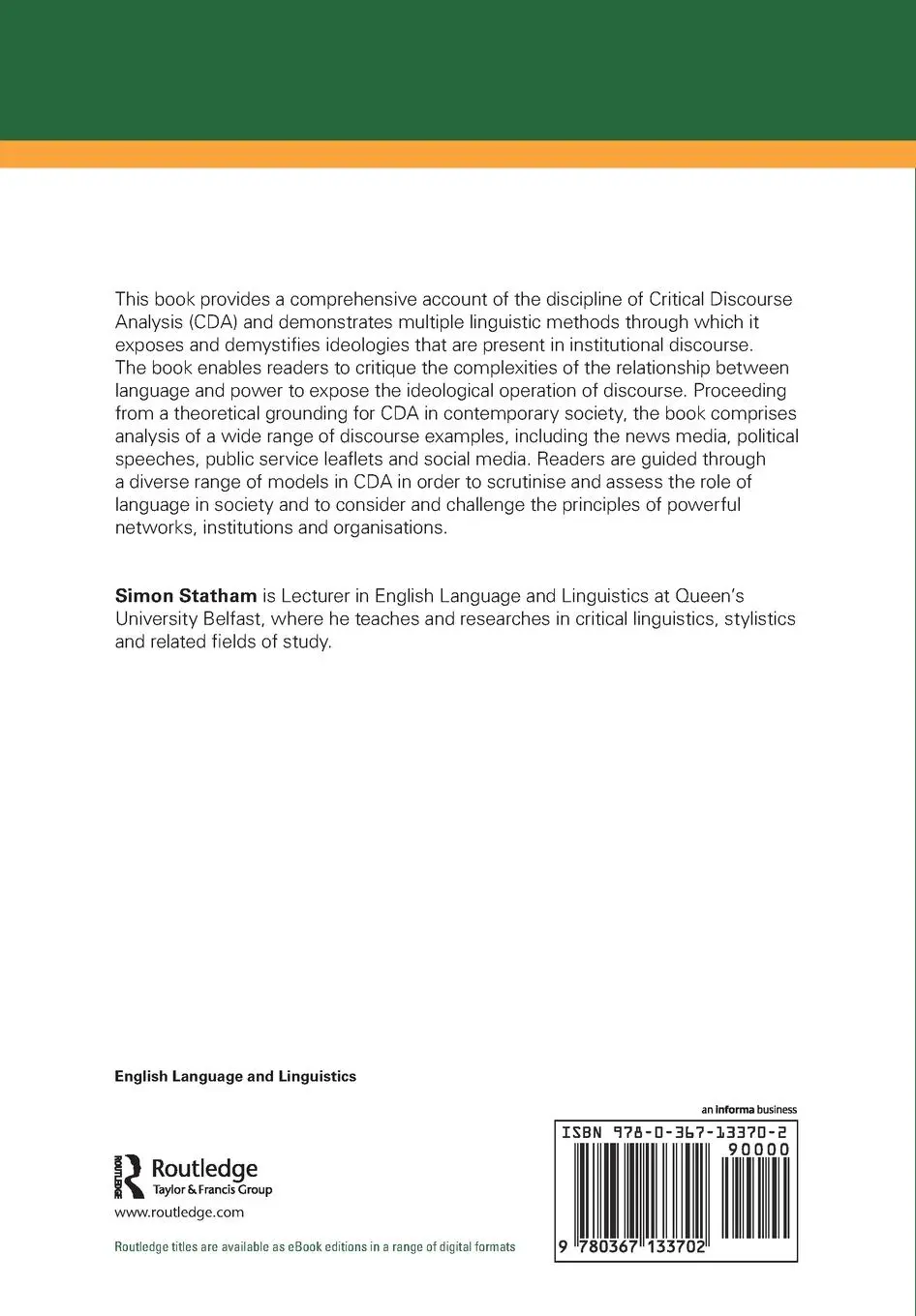 Rückseite: 9780367133702 | Critical Discourse Analysis | Simon Statham | Taschenbuch | Englisch