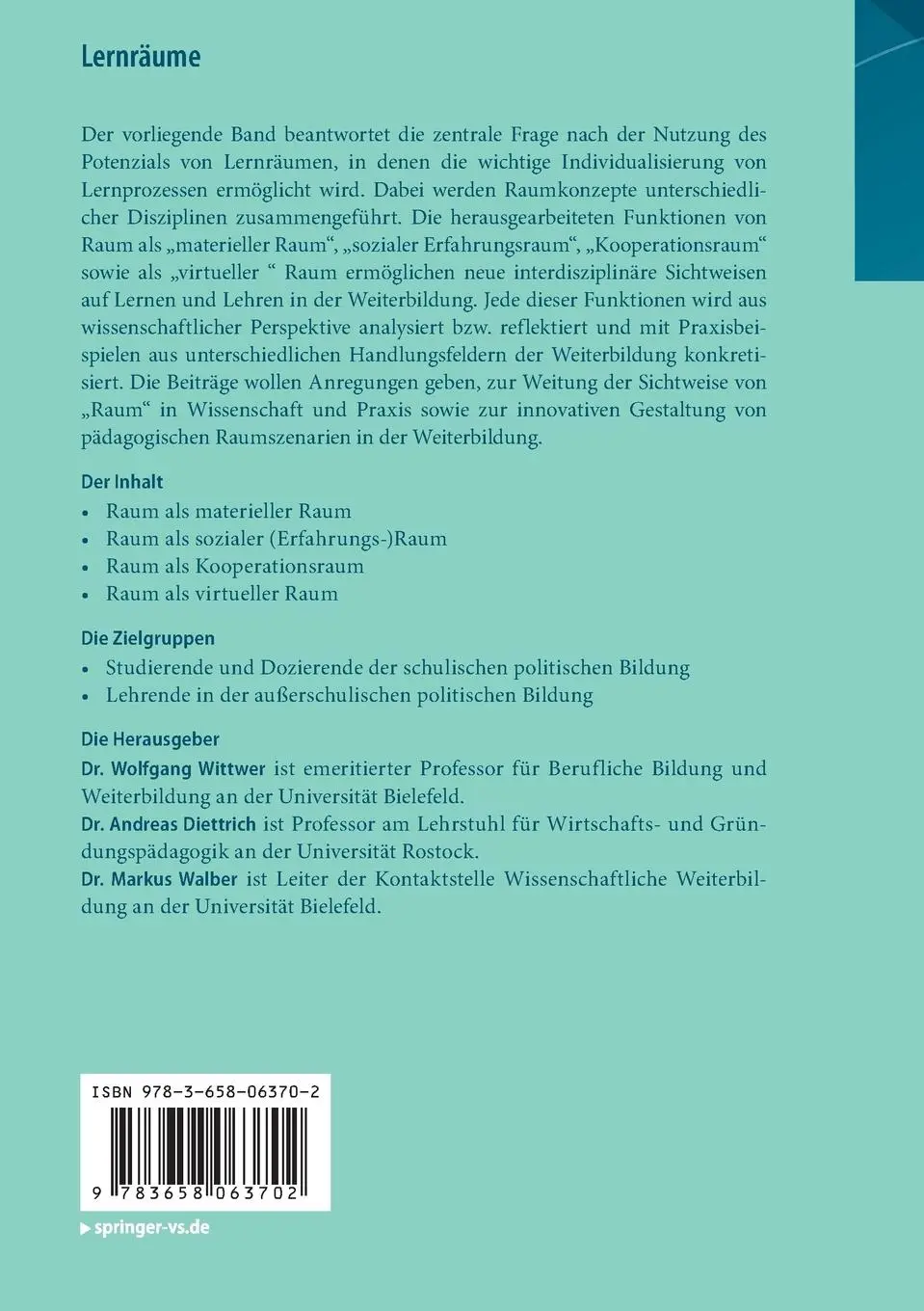 Rückseite: 9783658063702 | Lernräume | Gestaltung von Lernumgebungen für Weiterbildung | Buch