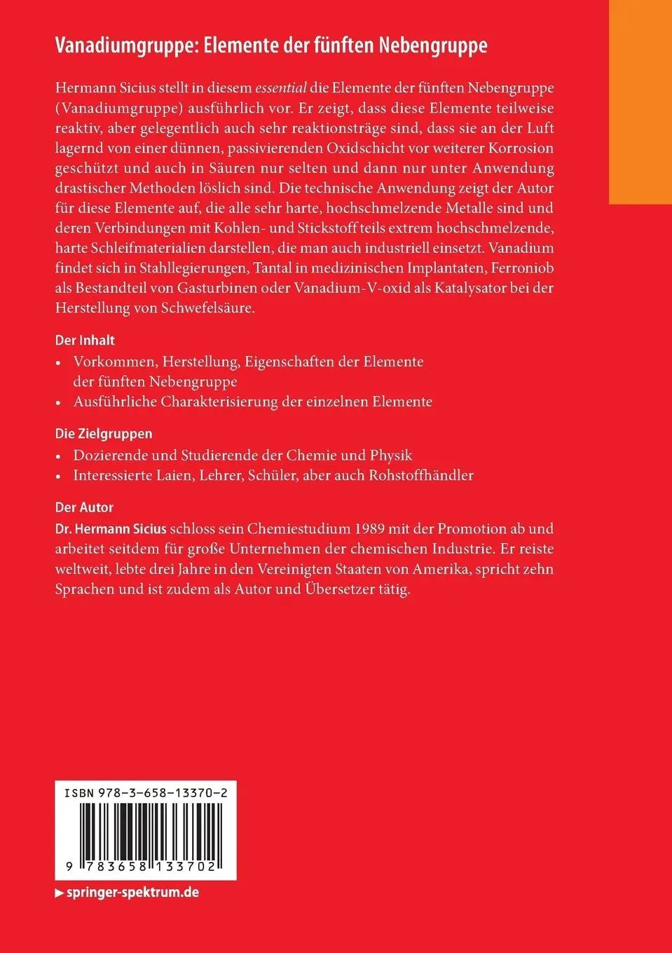 Rückseite: 9783658133702 | Vanadiumgruppe: Elemente der fünften Nebengruppe | Hermann Sicius