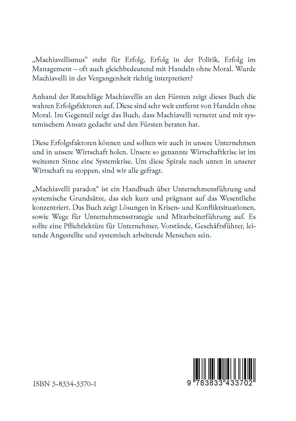Rückseite: 9783833433702 | Machiavelli paradox | Elke Diehl | Taschenbuch | 80 S. | Deutsch