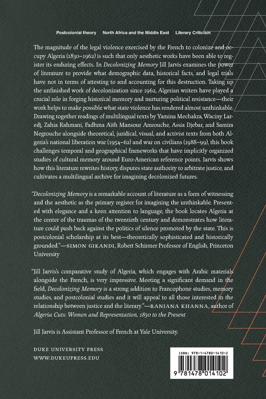 Rückseite: 9781478014102 | Decolonizing Memory | Algeria and the Politics of Testimony | Jarvis