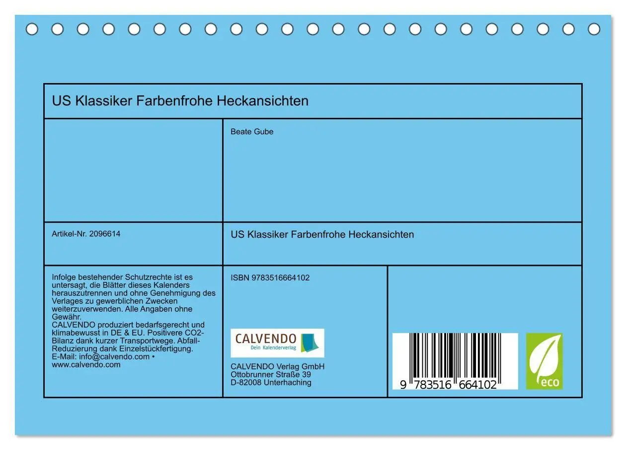 Bild: 9783516664102 | US Klassiker Farbenfrohe Heckansichten (Tischkalender 2026 DIN A5...