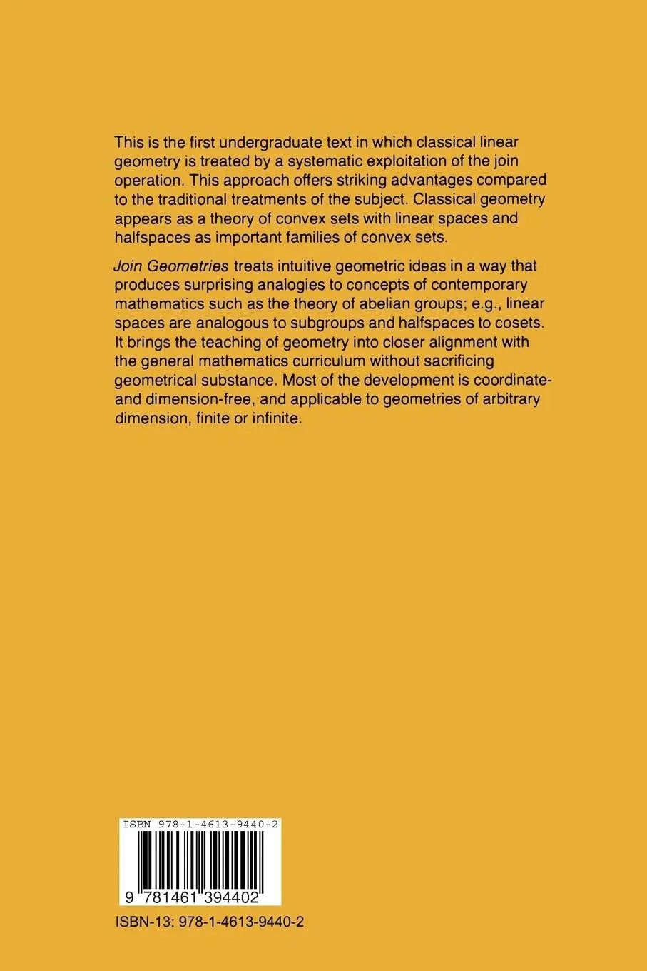 Rückseite: 9781461394402 | Join Geometries | A Theory of Convex Sets and Linear Geometry | Buch