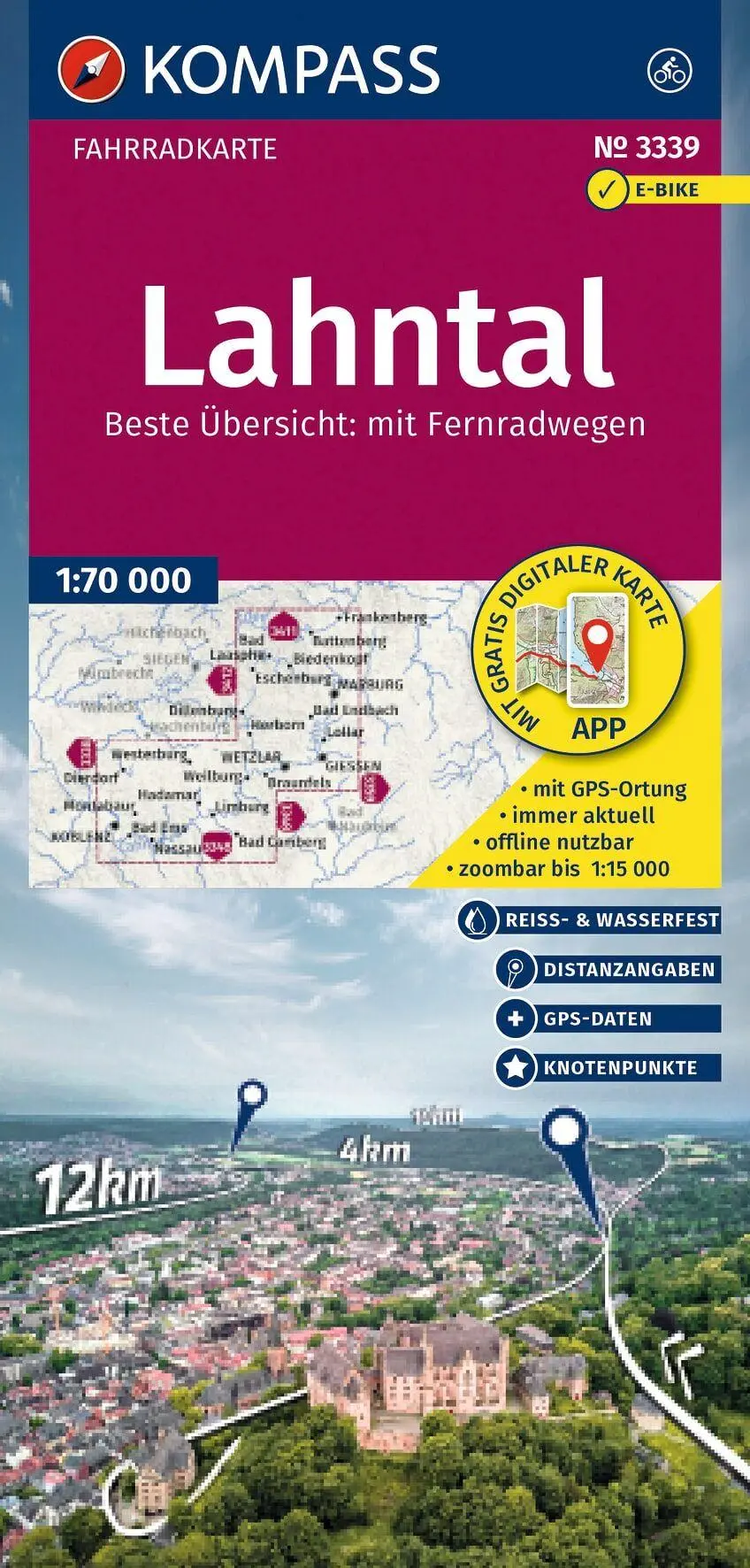 Cover: 9783991545002 | KOMPASS Fahrradkarte 3339 Lahntal mit Knotenpunkten 1:70.000 | Deutsch