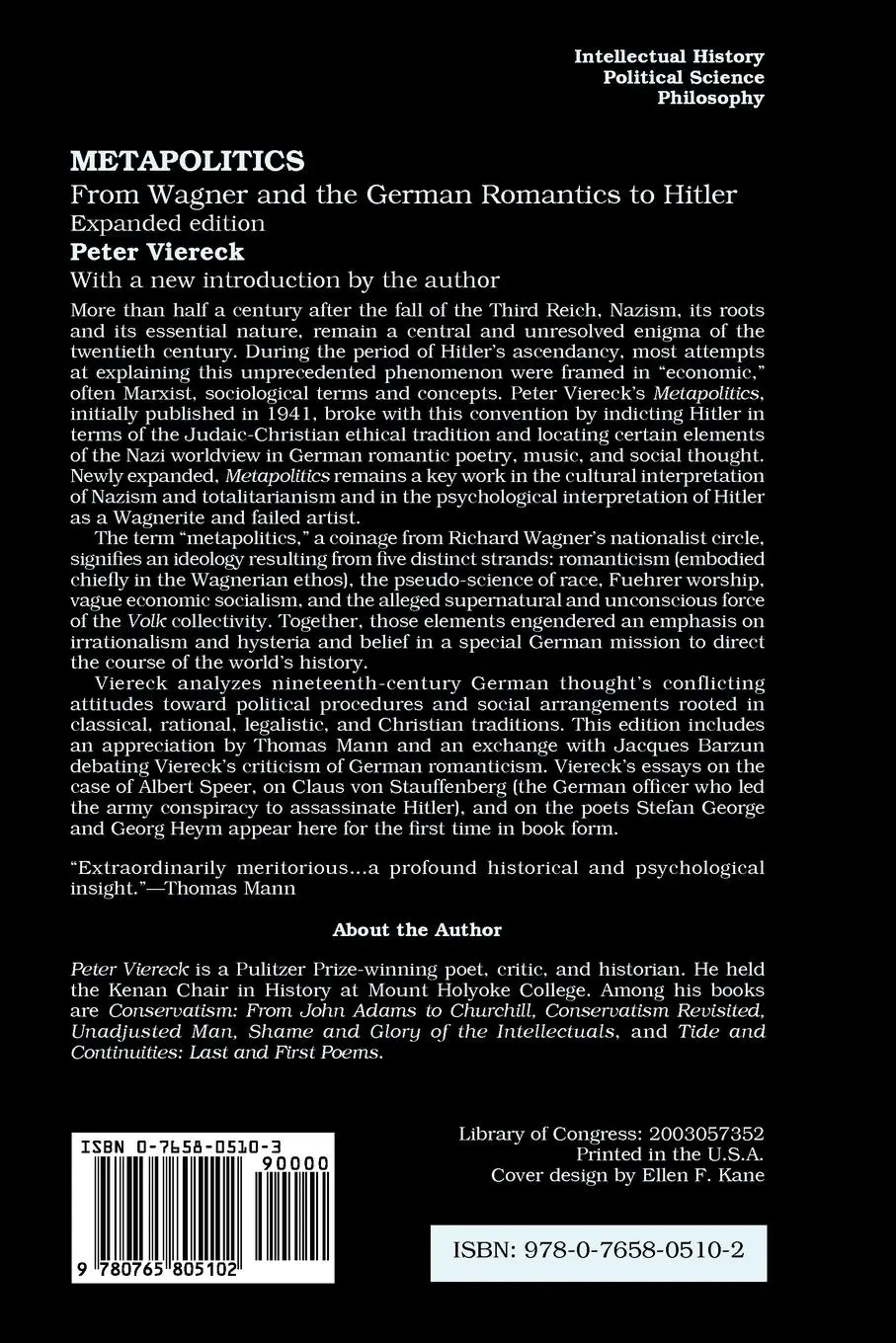 Rückseite: 9780765805102 | Metapolitics | From Wagner and the German Romantics to Hitler | Buch