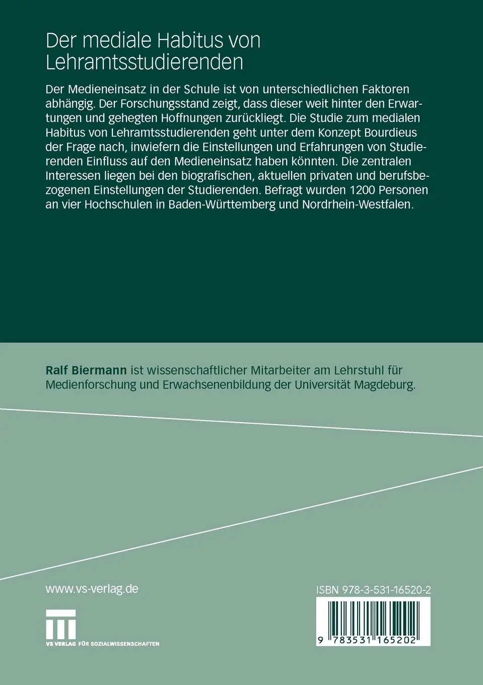 Rückseite: 9783531165202 | Der mediale Habitus von Lehramtsstudierenden | Ralf Biermann | Buch