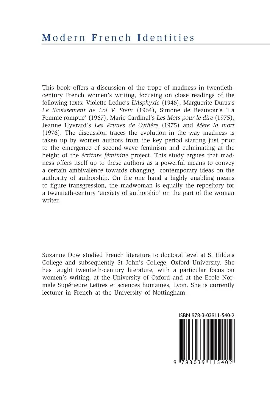 Rückseite: 9783039115402 | Madness in Twentieth-Century French Women's Writing | Suzanne Dow