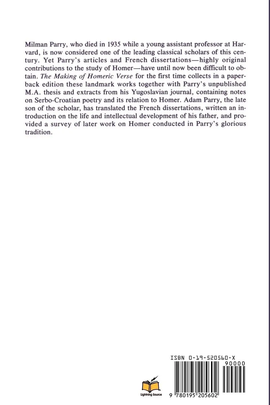 Rückseite: 9780195205602 | The Making of Homeric Verse | The Collected Papers of Milman Parry