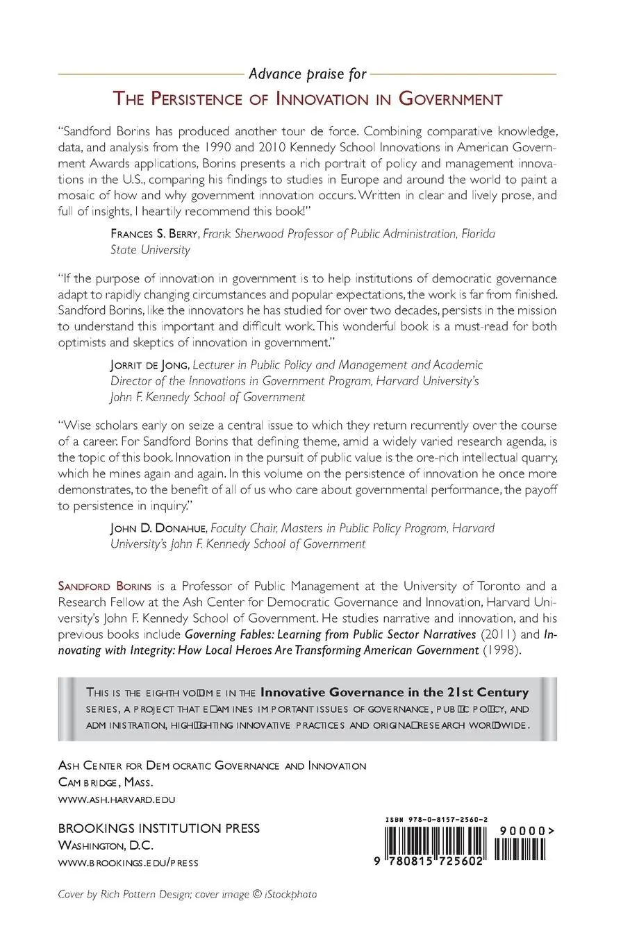 Rückseite: 9780815725602 | The Persistence of Innovation in Government | Sandford F. Borins