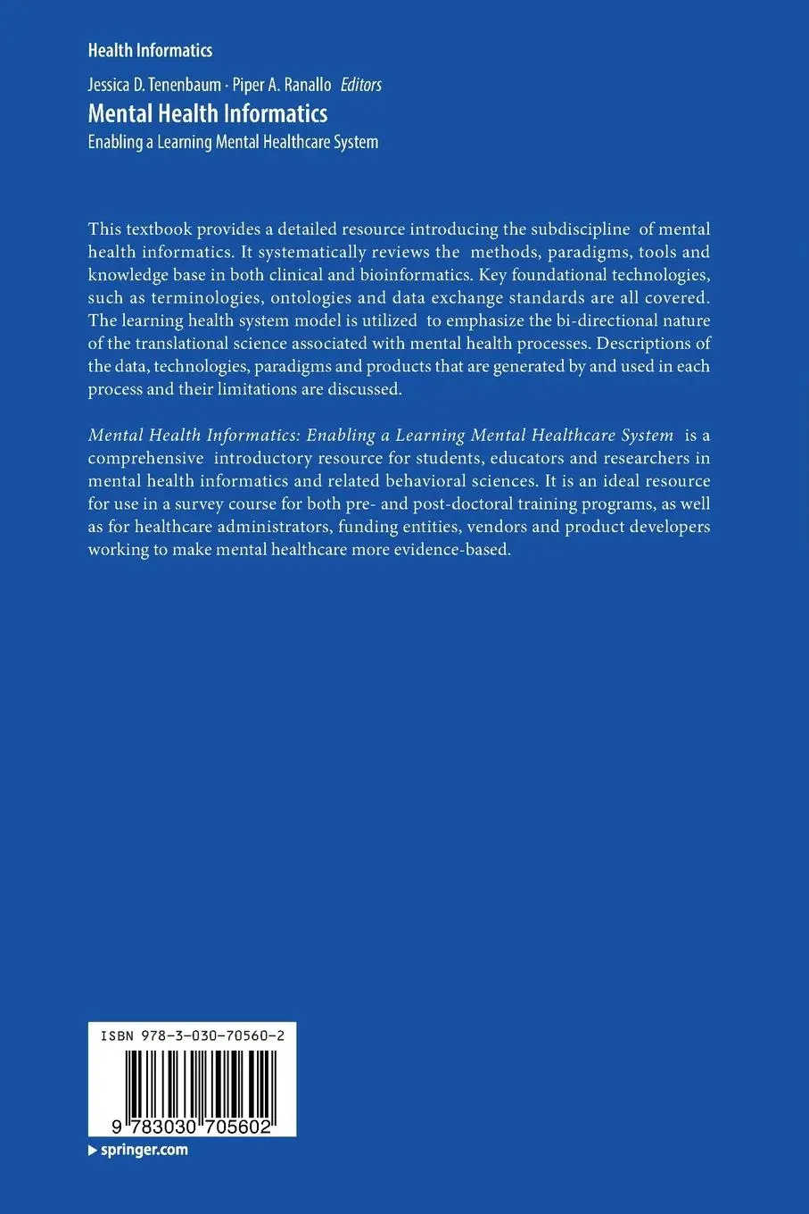 Rückseite: 9783030705602 | Mental Health Informatics | Piper A. Ranallo (u. a.) | Taschenbuch | x