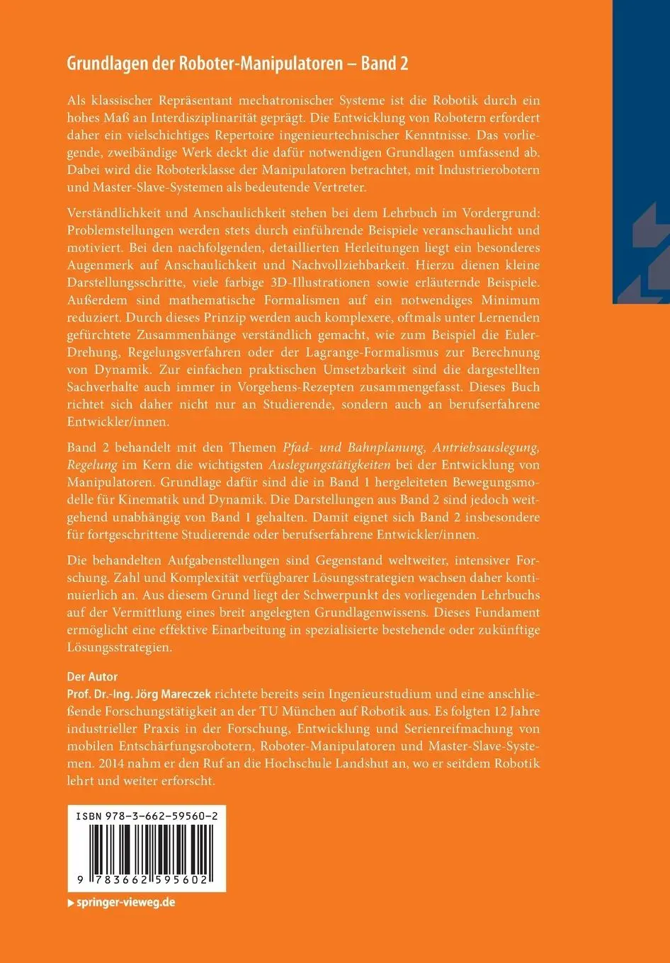 Rückseite: 9783662595602 | Grundlagen der Roboter-Manipulatoren - Band 2 | Jörg Mareczek | Buch