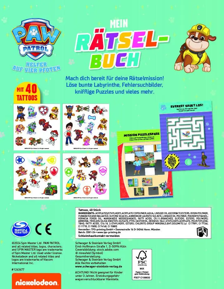 Rückseite: 9783849945602 | PAW Patrol Mein Rätselbuch mit 40 Tattoos | Verlag | Taschenbuch