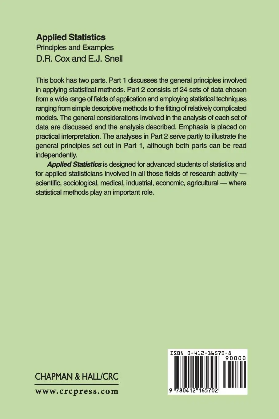 Rückseite: 9780412165702 | Applied Statistics - Principles and Examples | D. R. Cox (u. a.)