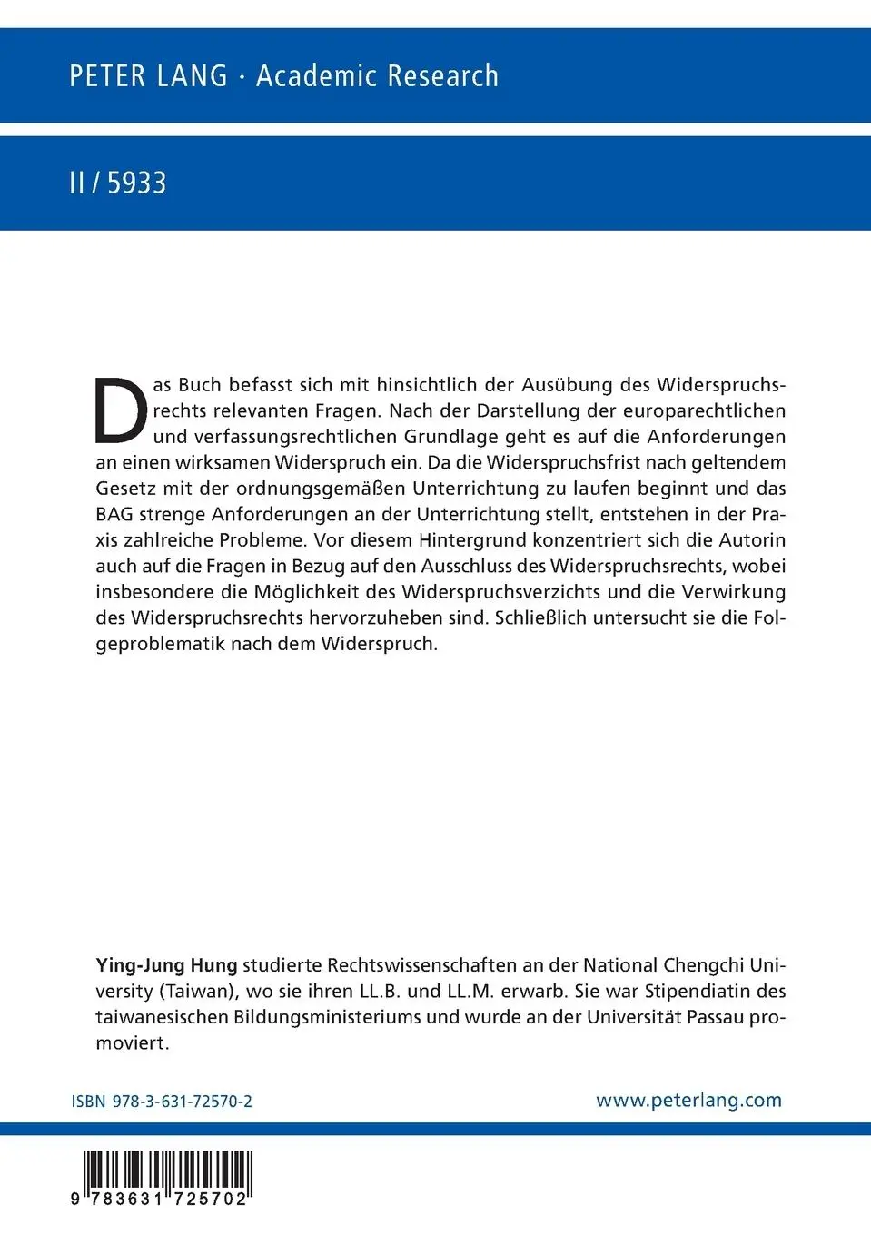 Rückseite: 9783631725702 | Das Widerspruchsrecht des Arbeitnehmers beim Betriebsübergang | Hung