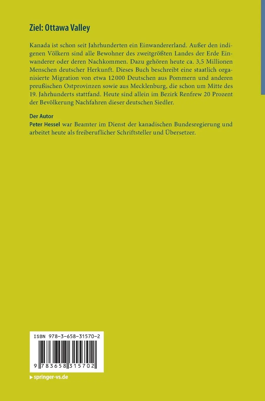 Rückseite: 9783658315702 | Ziel: Ottawa Valley | Deutsche Auswanderer in Kanada | Peter Hessel