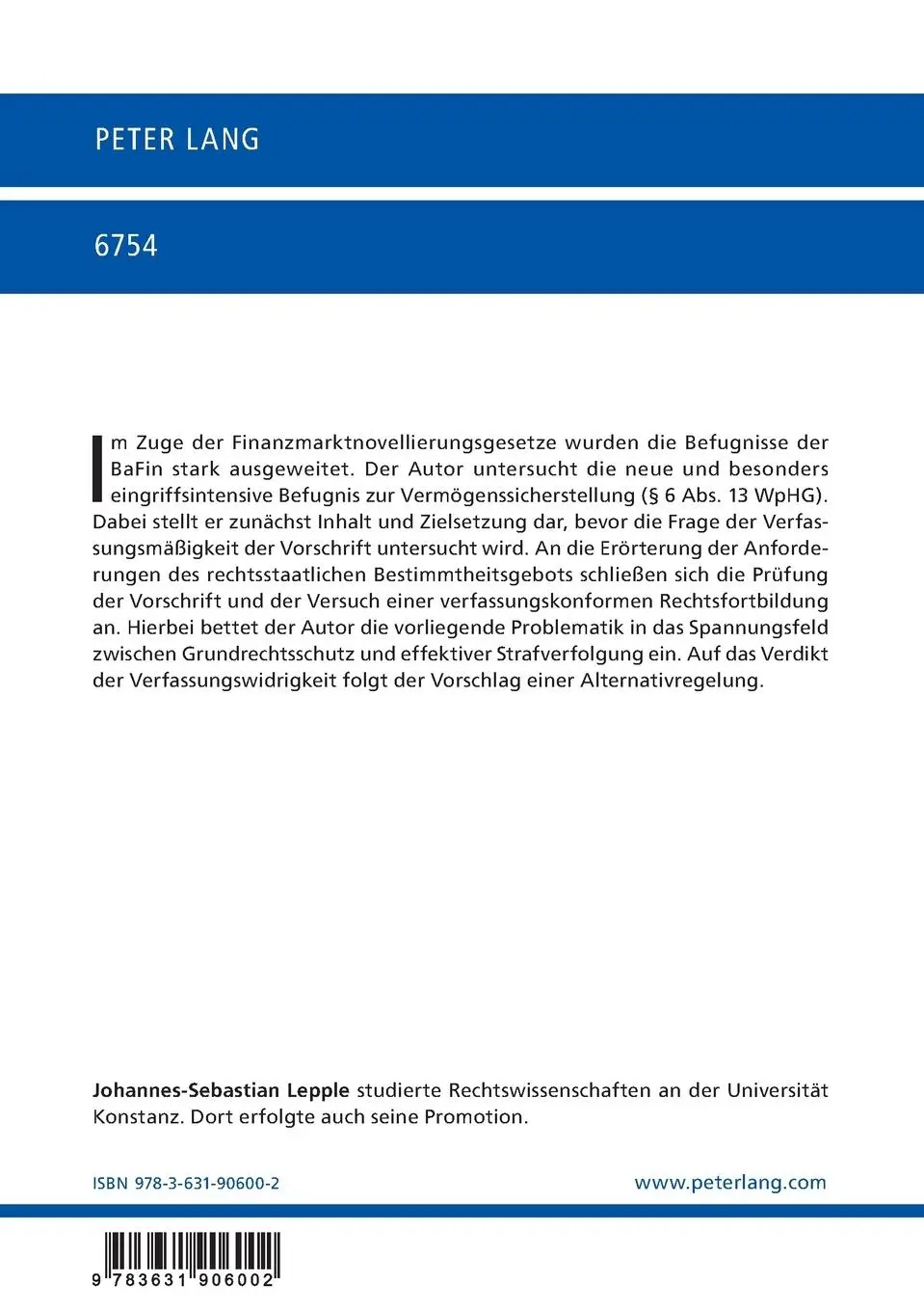 Rückseite: 9783631906002 | Die Vermögenssicherstellungsbefugnis der Bundesanstalt für...