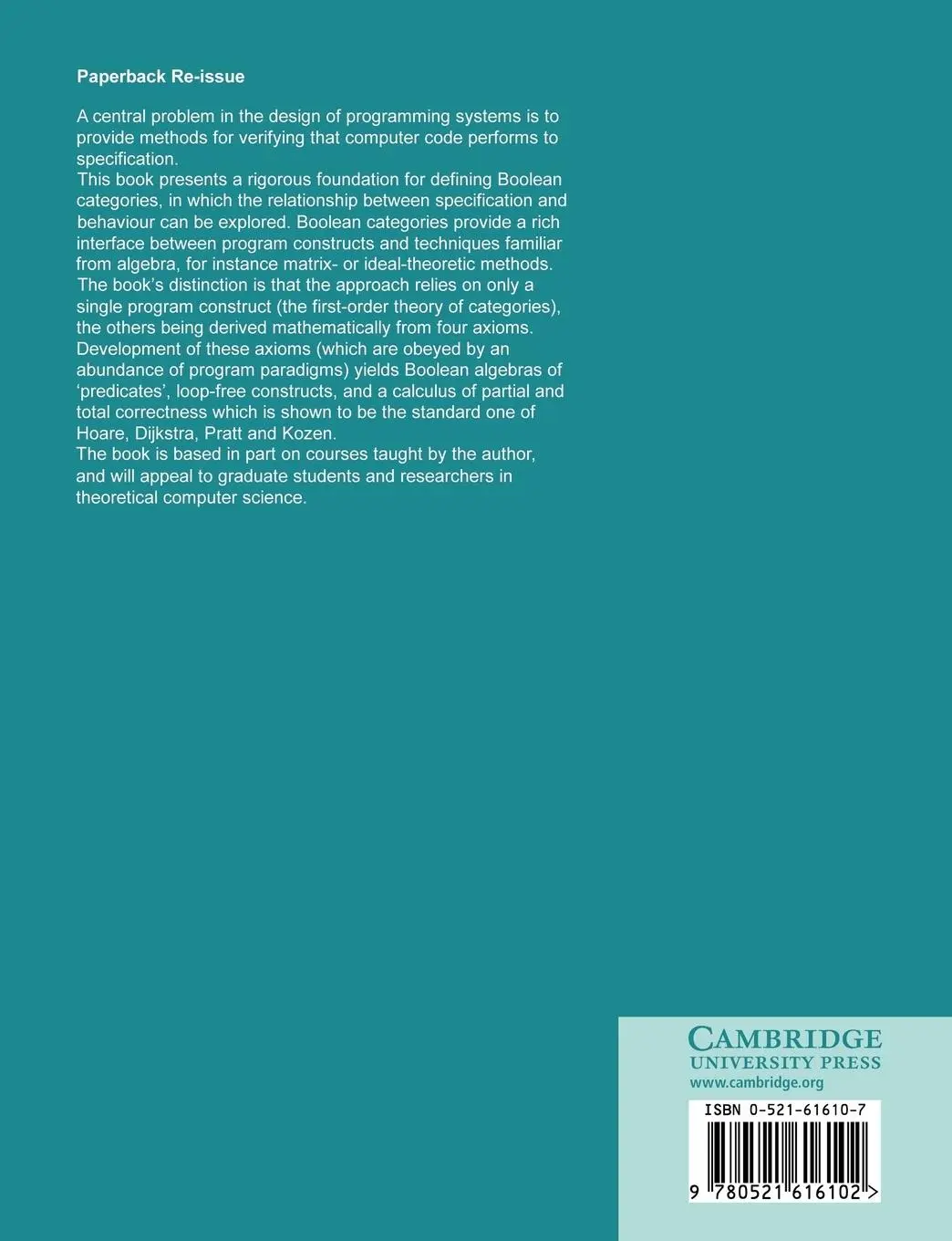 Rückseite: 9780521616102 | Predicate Transformer Semantics | Ernest G. Manes (u. a.) | Buch