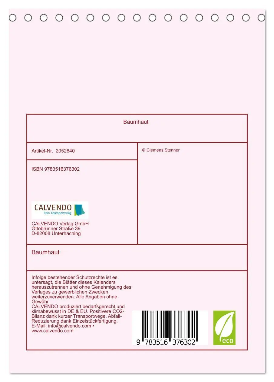 Bild: 9783516376302 | Baumhaut (Tischkalender 2026 DIN A5 hoch), CALVENDO Monatskalender