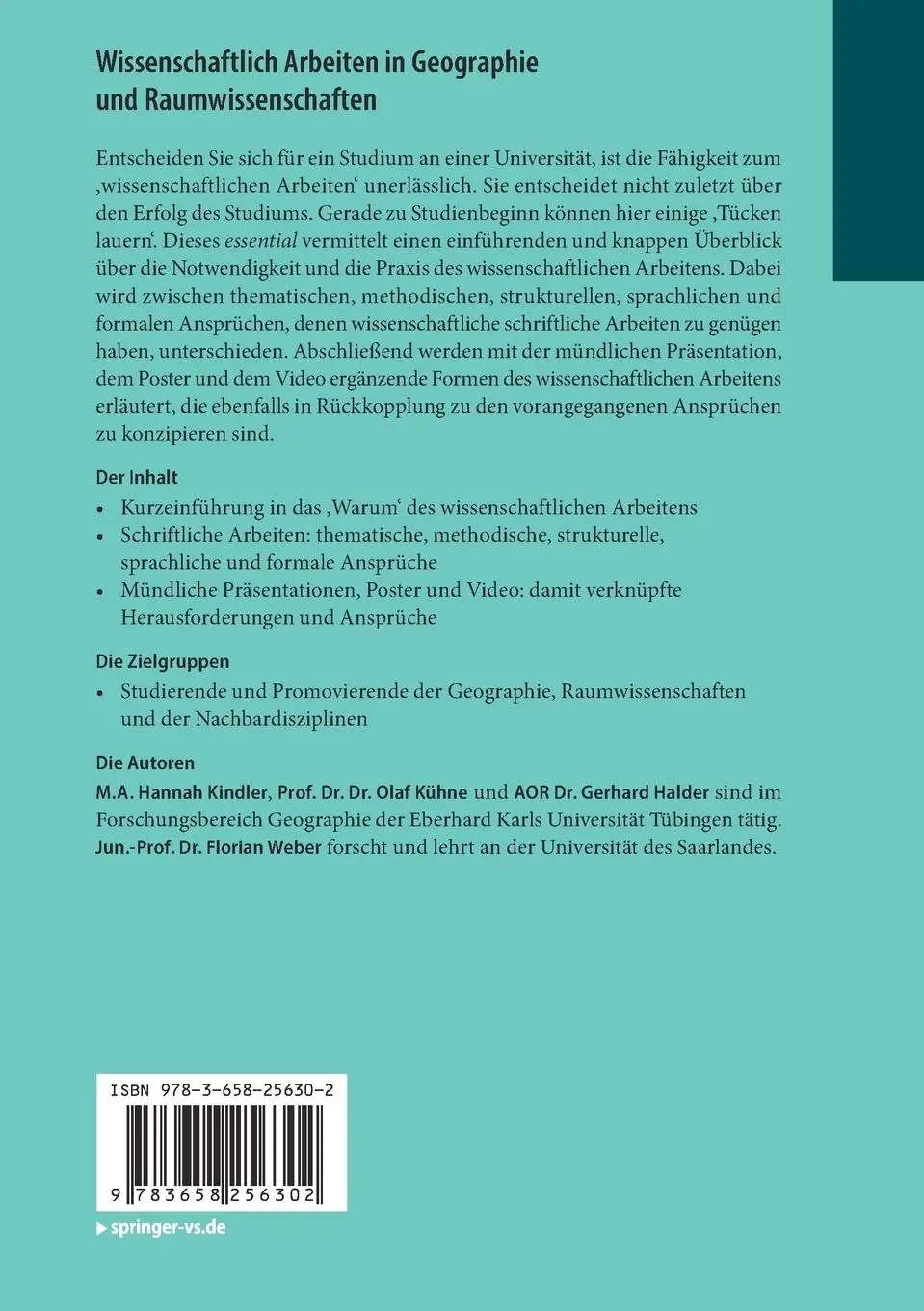 Rückseite: 9783658256302 | Wissenschaftlich Arbeiten in Geographie und Raumwissenschaften | Buch