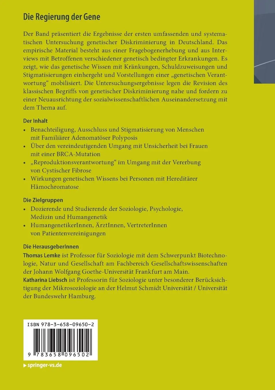 Rückseite: 9783658096502 | Die Regierung der Gene | Katharina Liebsch (u. a.) | Taschenbuch