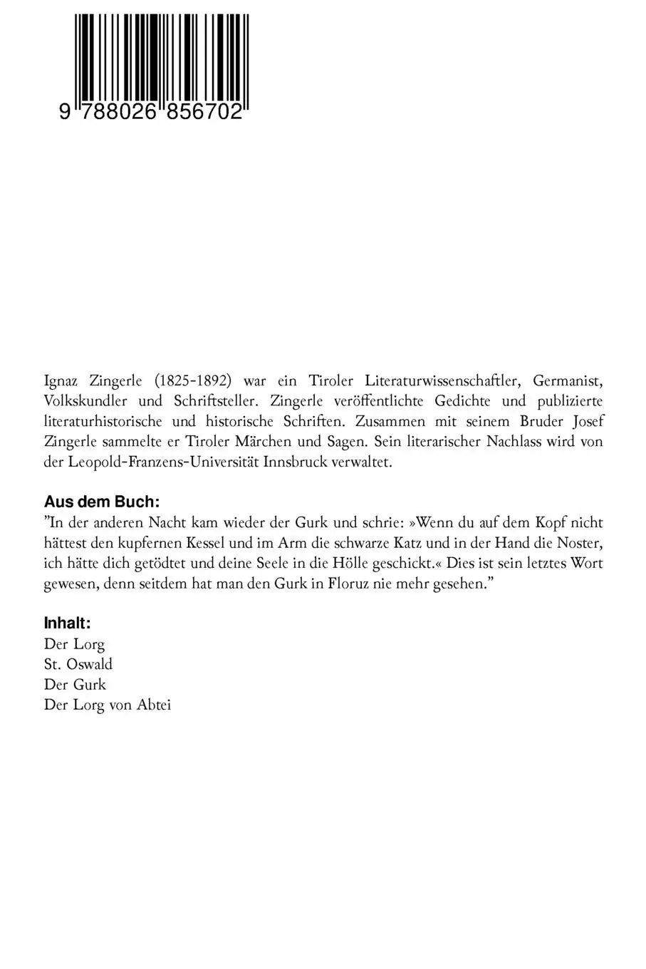 Rückseite: 9788026856702 | Sagen aus Tirol | Ignaz Zingerle | Taschenbuch | Englisch | 2017