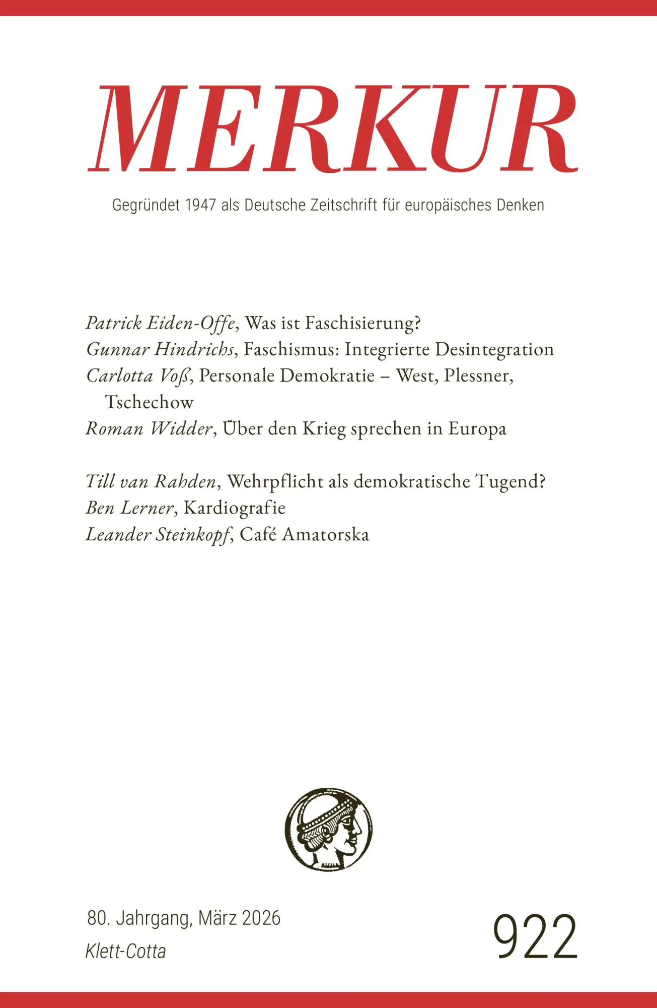 Cover: 9783608977202 | MERKUR 3/2026, Jg.80 | Nr. 922, Heft 03, März 2026 | Knörer (u. a.)