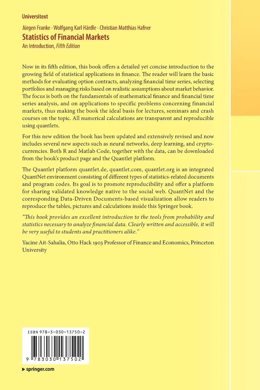 Rückseite: 9783030137502 | Statistics of Financial Markets | An Introduction | Franke (u. a.)