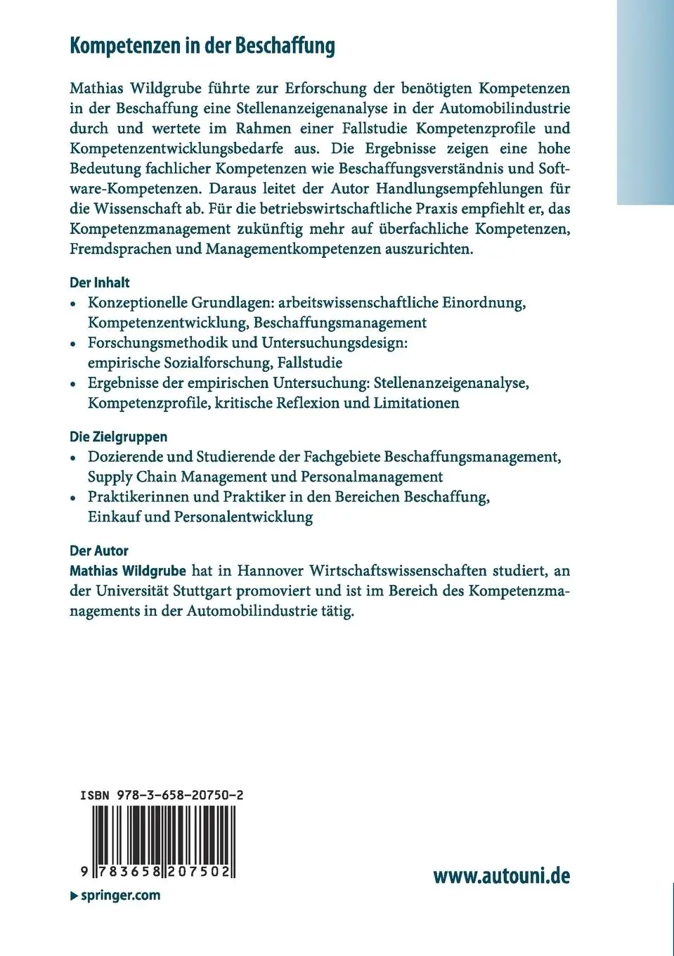 Rückseite: 9783658207502 | Kompetenzen in der Beschaffung | Mathias Wildgrube | Taschenbuch | xix
