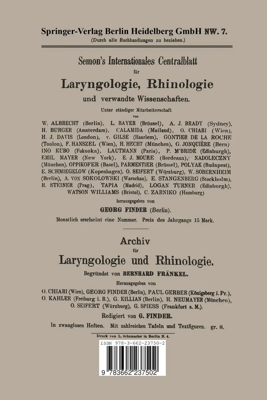 Rückseite: 9783662237502 | Entstehung und Entwickelung der Laryngoskopie | Emerich von Navratil